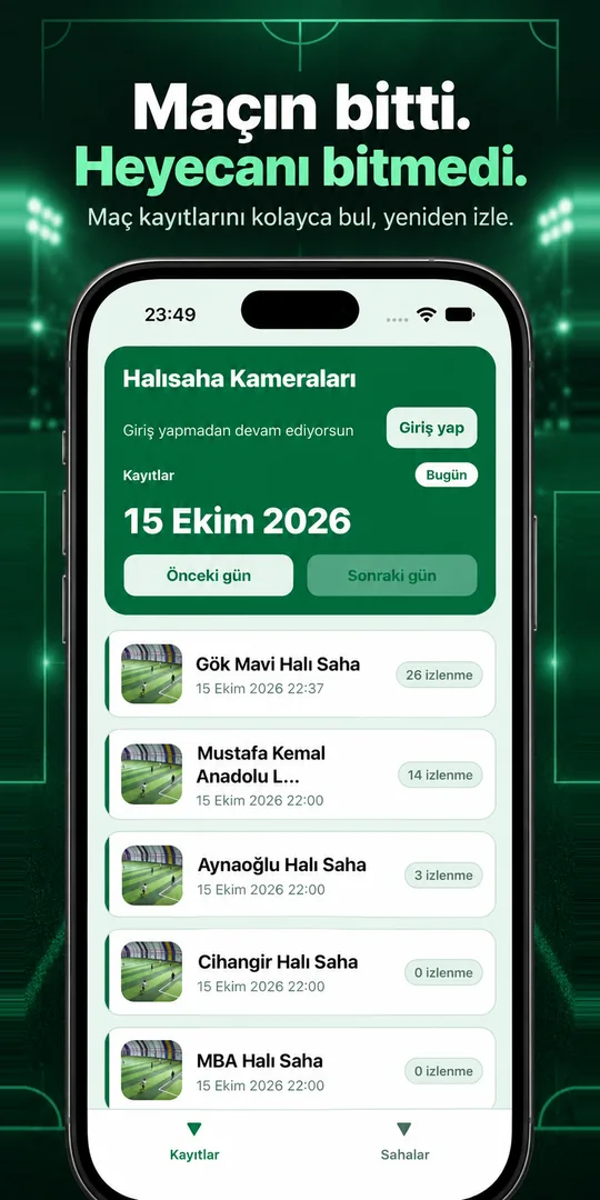 Halısaha Kameraları uygulamasında günün maç kayıtları